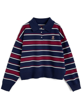 ボーダー柄テディベア刺繍ポロニットトップス