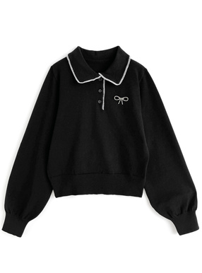 リボンブローチ付きポロニットトップス