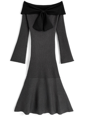 配色リボンオフショルダーマーメイドロングワンピース