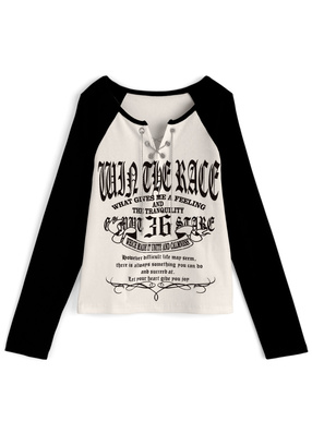 チェーンレースアップロゴプリントリブトップス