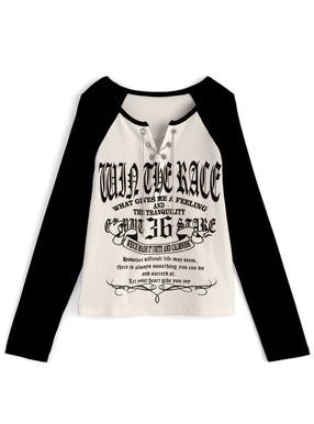 チェーンレースアップロゴプリントリブトップス