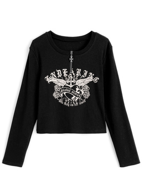 クロスハーフジップロゴプリントリブトップス