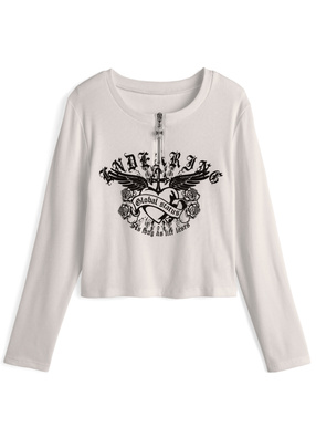 クロスハーフジップロゴプリントリブトップス