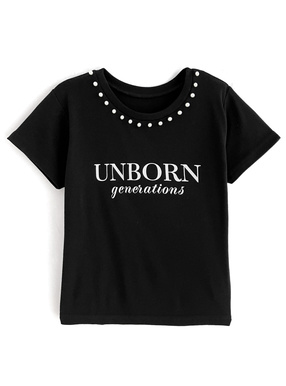 パール付きロゴプリントTシャツ
