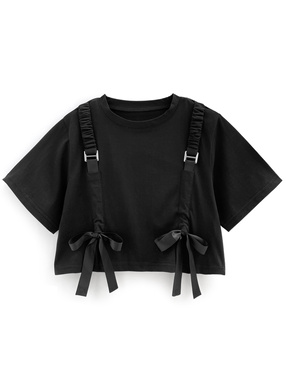 サスペンダー風リボンショート丈Tシャツ
