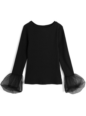 袖チュールリブトップス