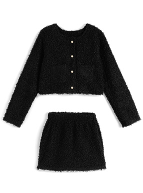 モコモコパールカーディガン×ミニスカートセットアップ