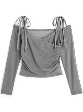 ショルダーリボンシアーカシュクールトップス