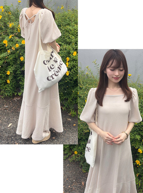 バックリボンバルーン袖ジャガードワンピース