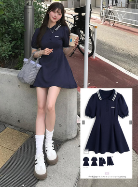 ポロ風配色ラインフレアミニワンピース