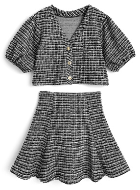 チェック柄カーディガン×インパン付きミニスカートカットツイードセットアップ