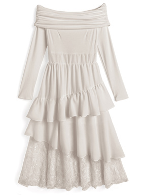 オフショルダーレースティアードワンピース