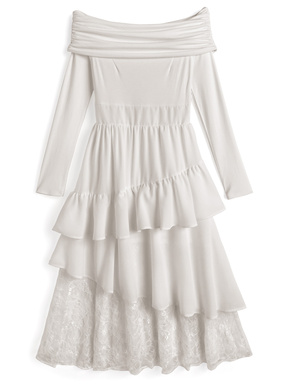 オフショルダーレースティアードワンピース