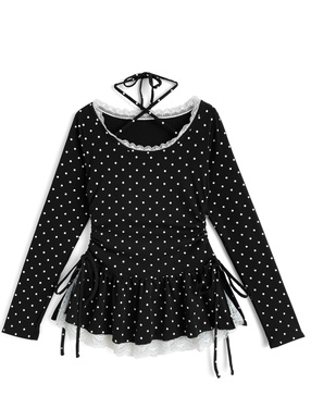 ドット柄ホルターネックレースドロストトップス