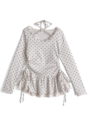 ドット柄ホルターネックレースドロストトップス