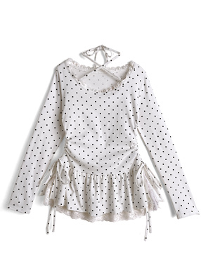 ドット柄ボルターネックレースドロストトップス