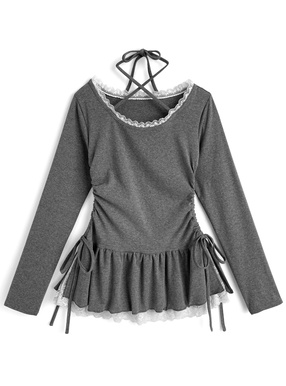 ホルターネックレースドロストトップス