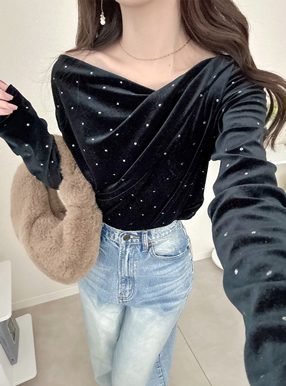 ドット柄ベロアドレープトップス