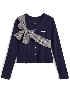 ギンガムチェック柄リボンドッキングカーディガン