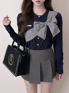 ギンガムチェック柄リボンドッキングカーディガン