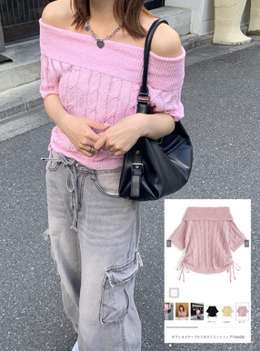 オフショルケーブルドロストニットトップス