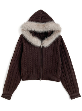 フードファーケーブル編みダブルジップニットパーカー