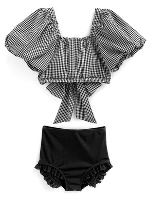 ギンガムチェック柄バルーンスリーブビキニ水着