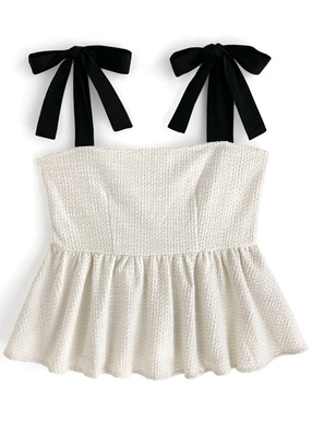 ツイードサテンリボンストラップペプラムビスチェ