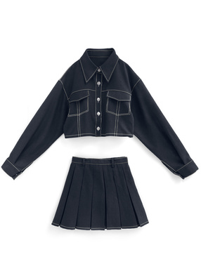 ショート丈ジャケット×プリーツミニスカートセットアップ