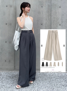 ベルト付きツイルタックワイドパンツ