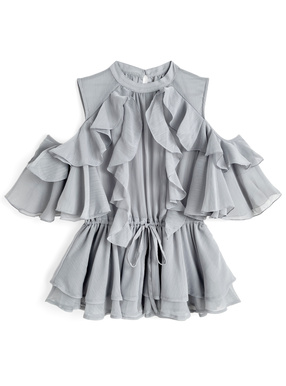 オープンショルダーフリルシフォンチュニック