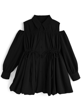 ショルダーオープンギャザーリボンバルーンシャツワンピース