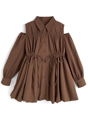 ショルダーオープンギャザーリボンバルーンシャツワンピース