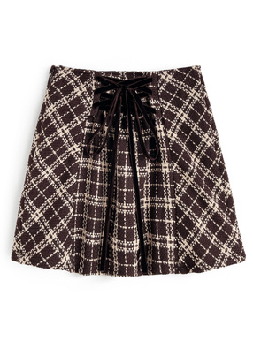 インパン裏地付きツイード風チェックレースアップミニスカート
