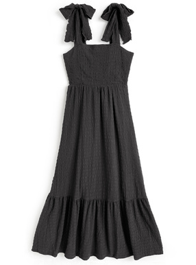 ふくれストライプリボンショルダーワンピース