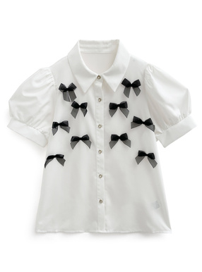 パフスリーブ配色リボンブラウス