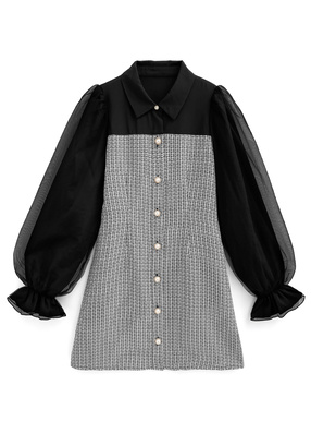 チュールスリーブツイードミニワンピース