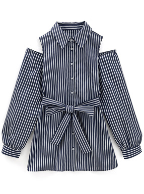 リボンベルト付きストライプ柄オープンショルダーシャツワンピース