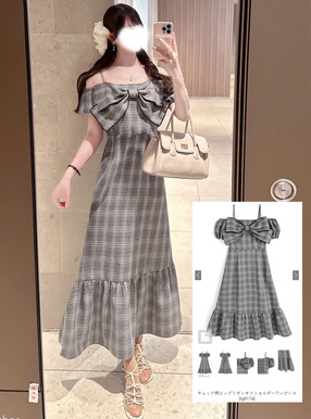 チェック柄ビッグリボンオフショルダーワンピース
