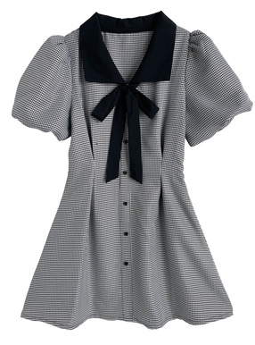 配色リボン千鳥柄パフスリーブミニワンピース