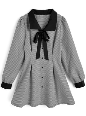 配色リボン千鳥柄ミニワンピース