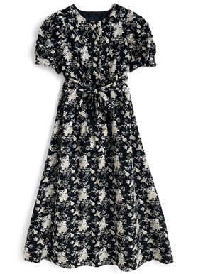 リボンベルト付き花柄パワショルダーワンピース