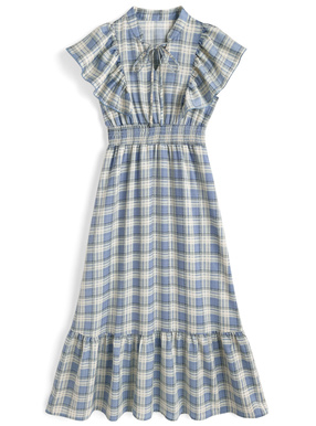 チェック柄フリルスリーブティアードワンピース