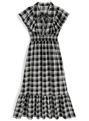 チェック柄フリルスリーブティアードワンピース