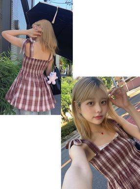 チェック柄ショルダーリボンシャーリングチュニック