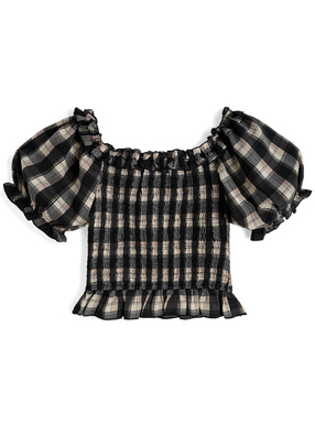 2Wayチェック柄シャーリングブラウス