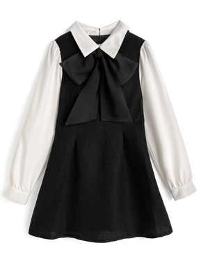 リボンタイ付き配色ツイードフレアミニワンピース