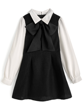 リボンタイ付き配色ツイードフレアミニワンピース