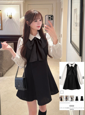 リボンタイ付き配色ツイードフレアミニワンピース