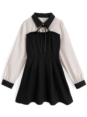 リボン付き配色フレアミニワンピース